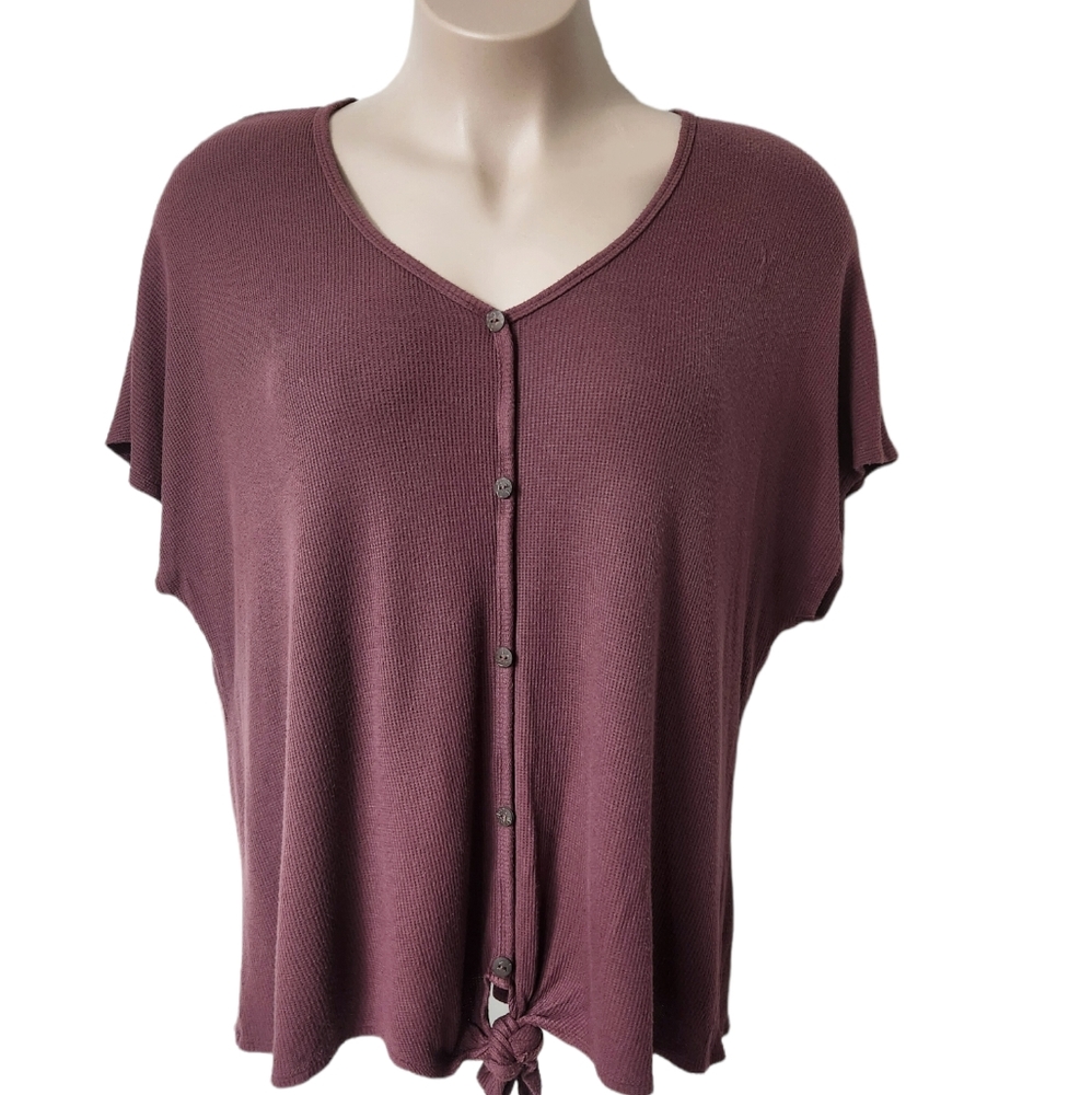 Waffle Knit Tie Front Short Sleeve Top | Home Girl Society | 2XL